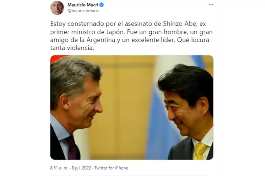 Macri dijo sentirse “consternado” por el asesinato de Shinzo Abe