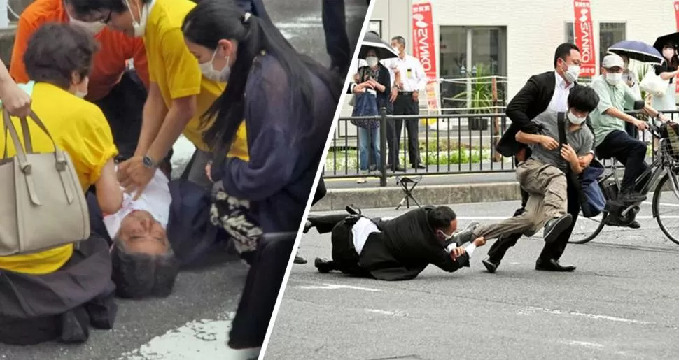 MOMENTOS DECISIVOS. Shinzo Abe yace en el piso tras recibir el disparo mortal y el asesino es detenido por agentes de seguridad. 