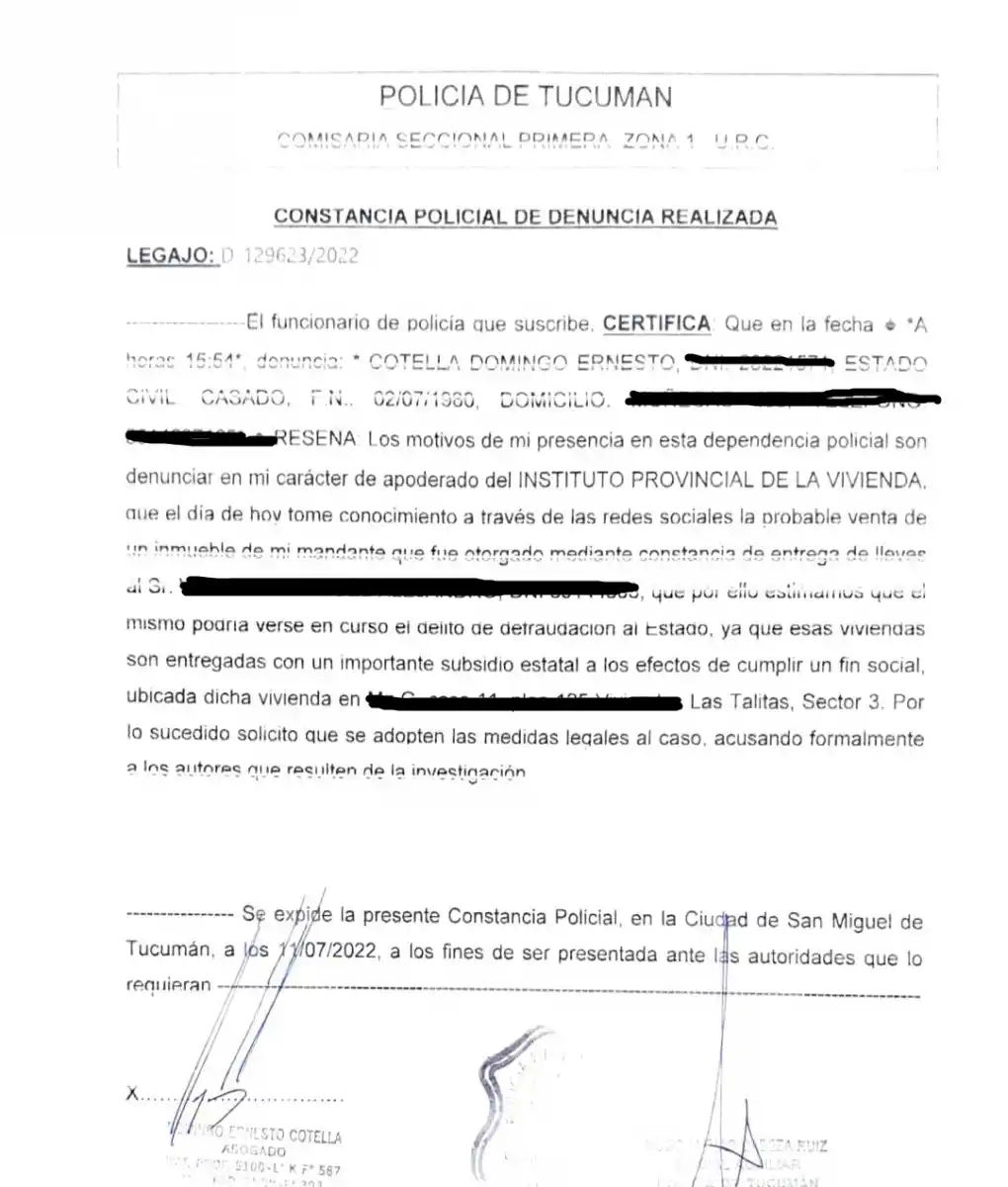 DENUNCIA realizada en la Comisaría. 