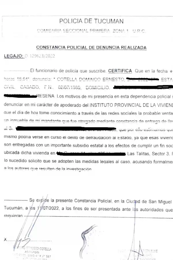 DENUNCIA realizada en la Comisaría. 