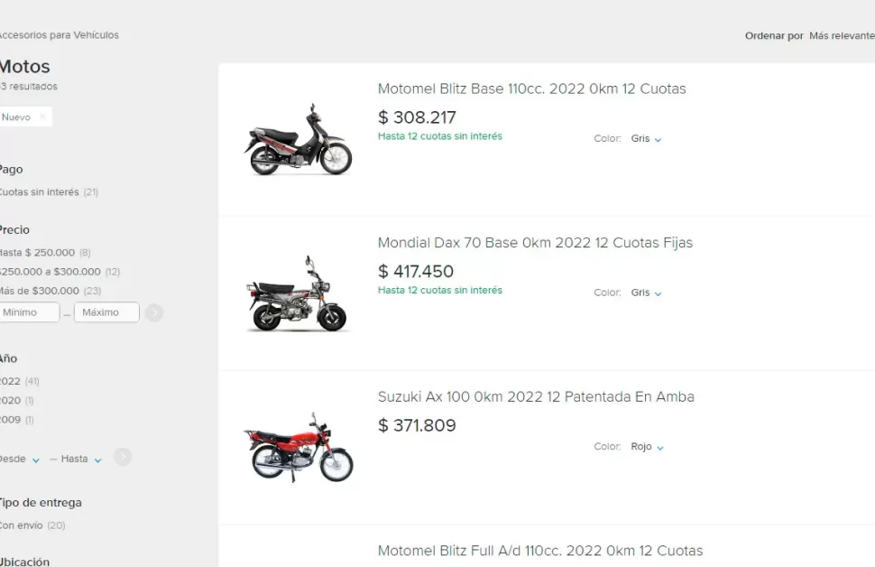 Venta de motos 0KM por Mercado Libre.