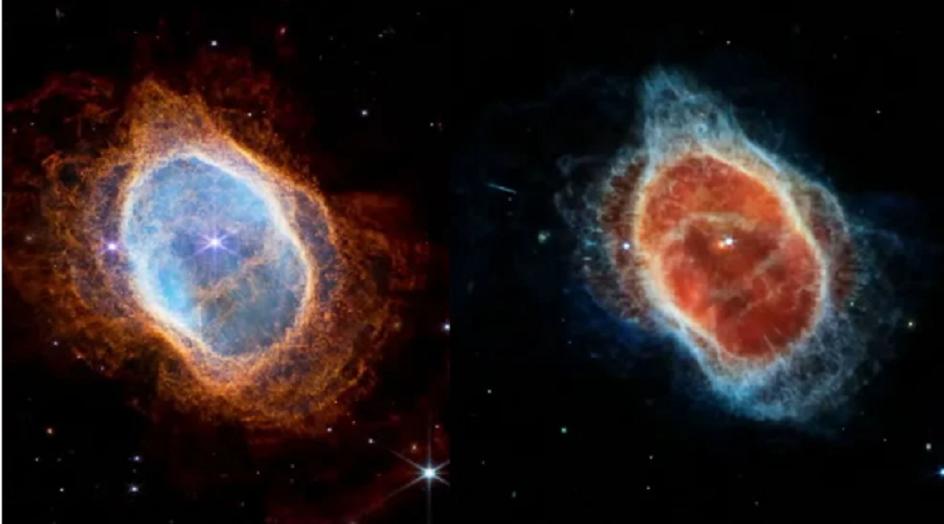 La imagen muestra la Nebulosa del Anillo Sur, una estrella moribunda, expulsando una nube de gas de colores que eventualmente se expandirá y se desvanecerá en el espacio entre las estrellas. (NASA)