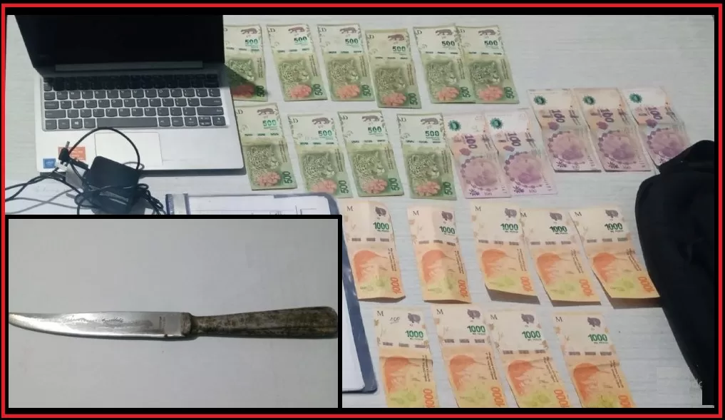 LAS PRUEBAS. La computadora, el dinero y el cuchillo que fueron secuestrados por la Policía luego de detener al joven de 19 años.  