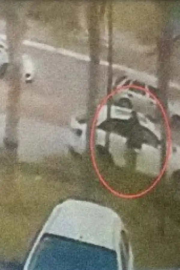 LAS SECUENCIAS DEL ROBO AL FUTBOLISTA. La camioneta Toyota Hilux pasa por delante del vehículo de Orihuela (izquierda). El acusado se para delante de la puerta de acompañante del jugador de Atlético (centro). El sospechoso abre la puerta para extraer el dinero que el defensor había ocultado.  