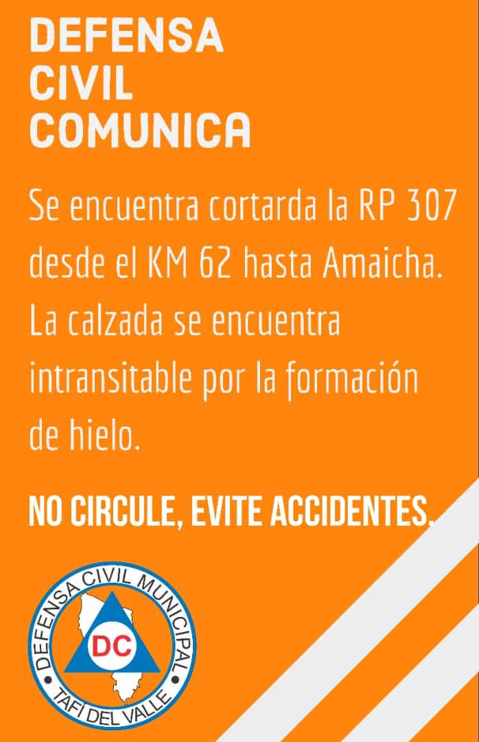 Cortan la ruta 307 en El Infiernillo por hielo en la calzada