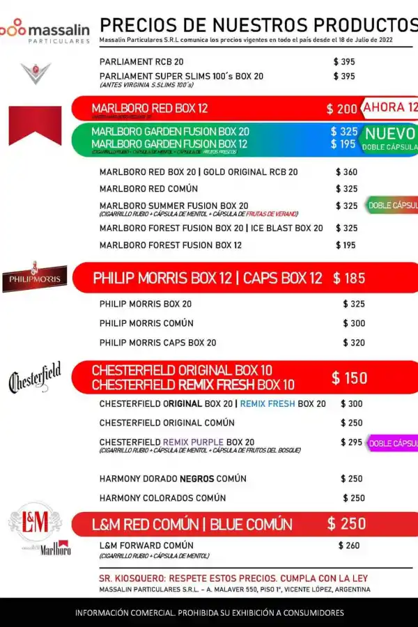 CIGARRILLOS. LA LISTA DE PRECIOS SUGERIDOS AL PÚBLICO. Foto de InfoKioscos
