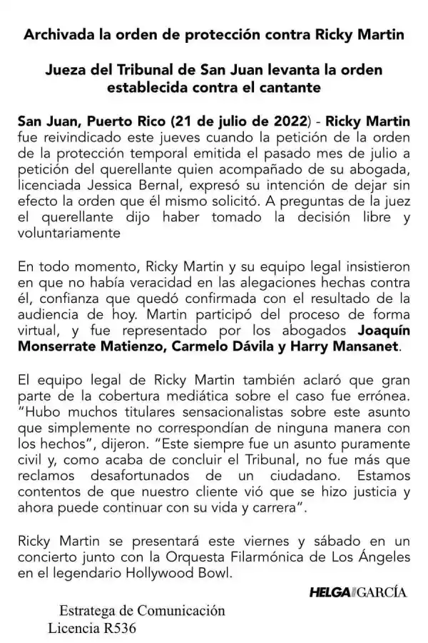 Su sobrino retiró la denuncia y la Justicia archivó la denuncia contra Ricky Martin