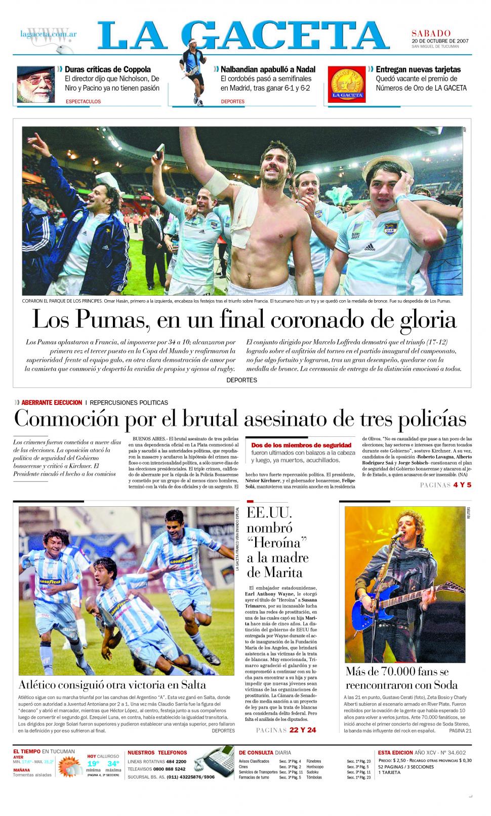 RECUERDO. La tapa de LA GACETA del 20 de octubre tuvo como tema central la victoria argentina.