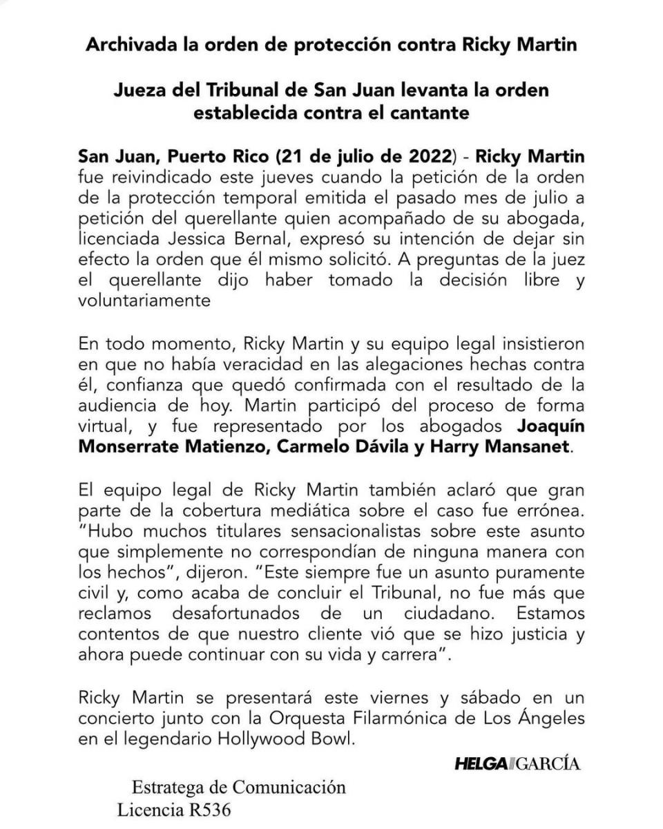 Su sobrino retiró la denuncia y la Justicia archivó la denuncia contra Ricky Martin