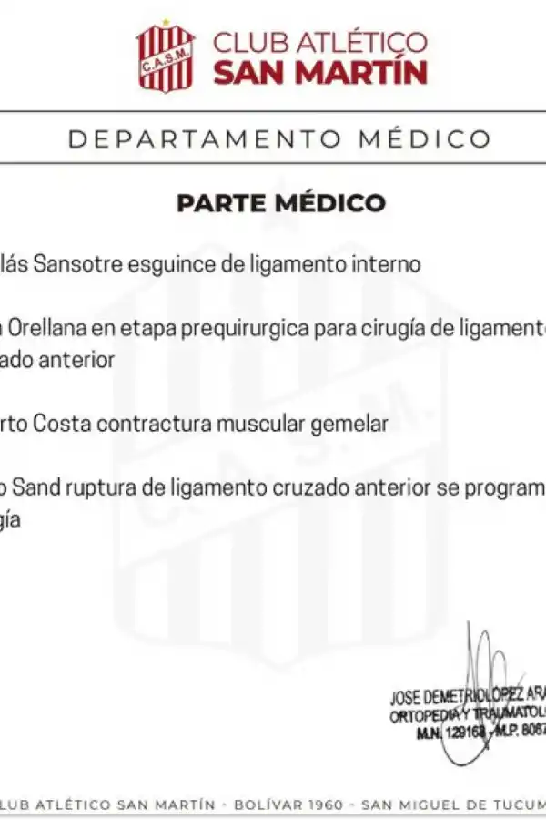El parte médico del club.