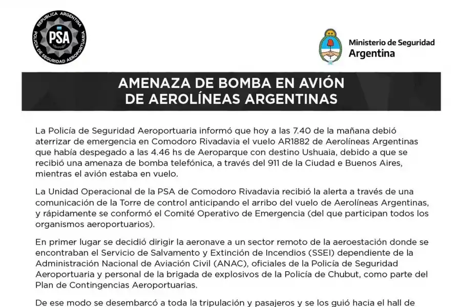 Amenaza de bomba en un avión de Aerolíneas: aterrizó en Comodoro y cerraron el aeropuerto