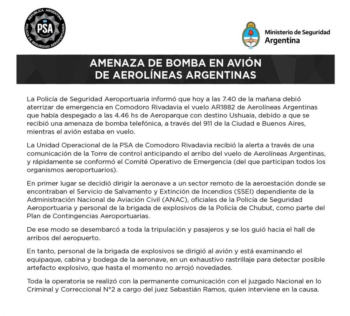 Amenaza de bomba en un avión de Aerolíneas: aterrizó en Comodoro y cerraron el aeropuerto