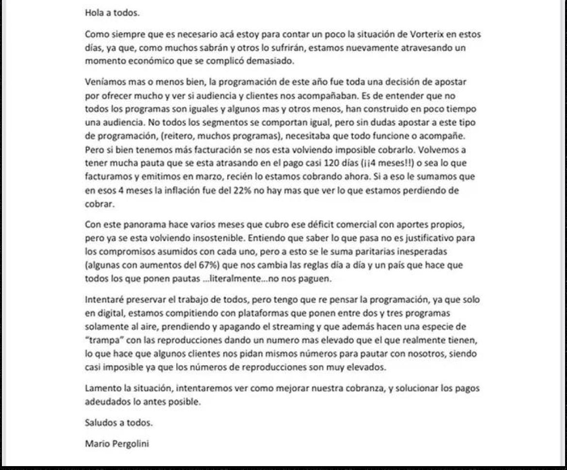 La supuesta carta de Mario Pergolini.
