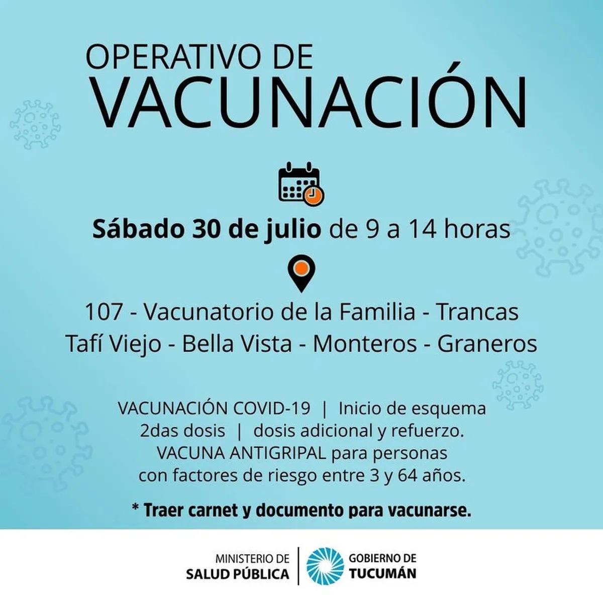 Covid-19: el listado de los nodos de vacunación que funcionarán este sábado en Tucumán