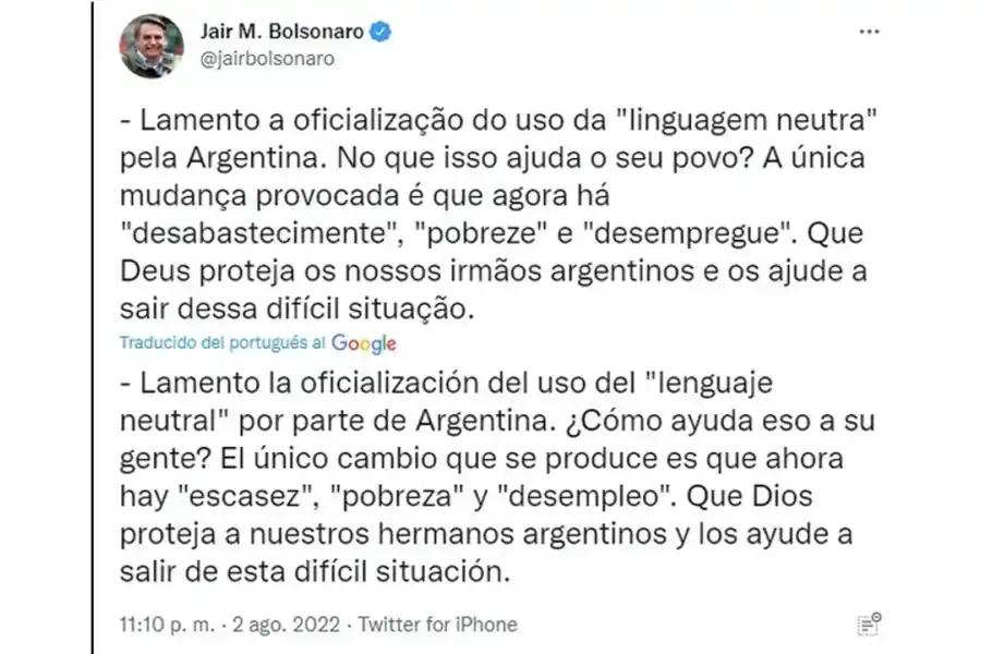 Bolsonaro criticó el uso del lenguaje inclusivo y lo vinculó con la crisis de la Argentina