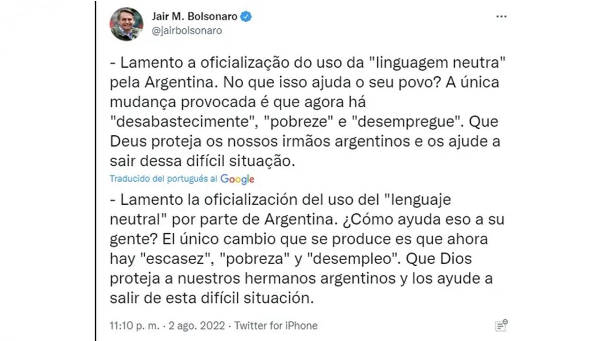 Bolsonaro criticó el uso del lenguaje inclusivo y lo vinculó con la crisis de la Argentina