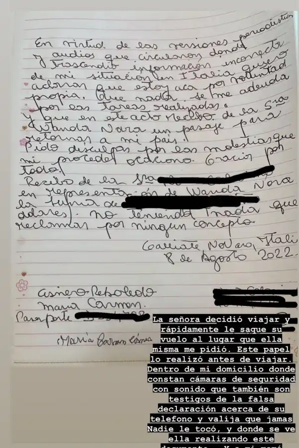 Wanda Nara publicó la carta que le hizo escribir a su exempleada antes de volver a Argentina