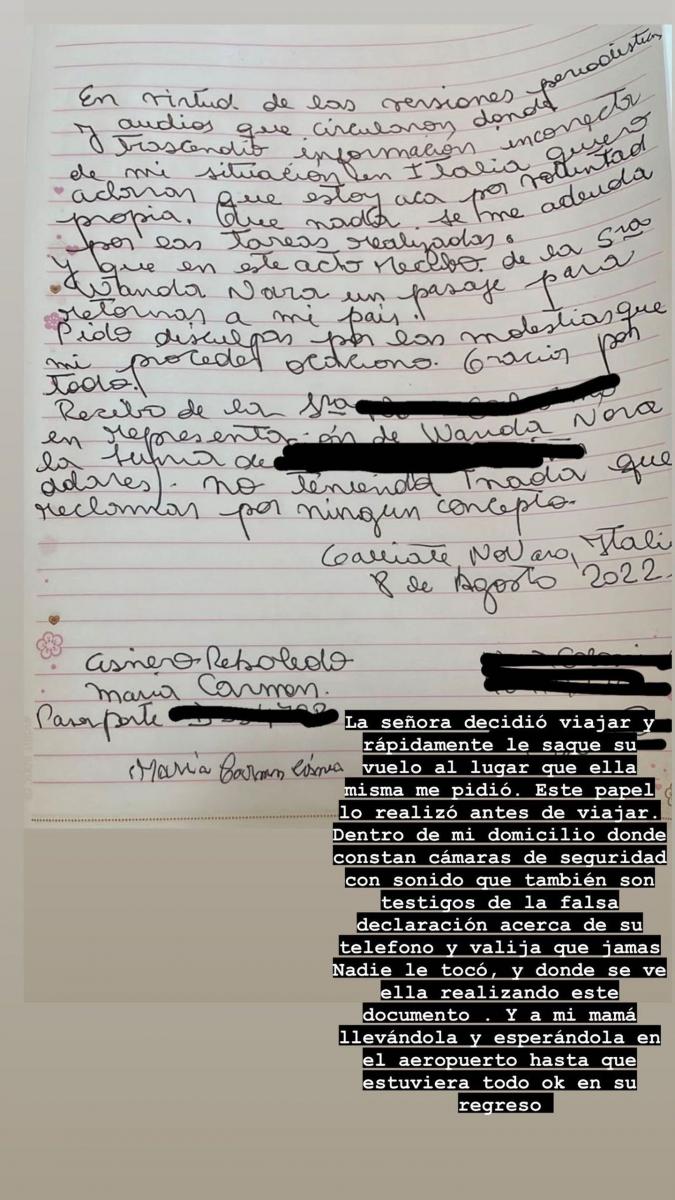 Wanda Nara publicó la carta que le hizo escribir a su exempleada antes de volver a Argentina