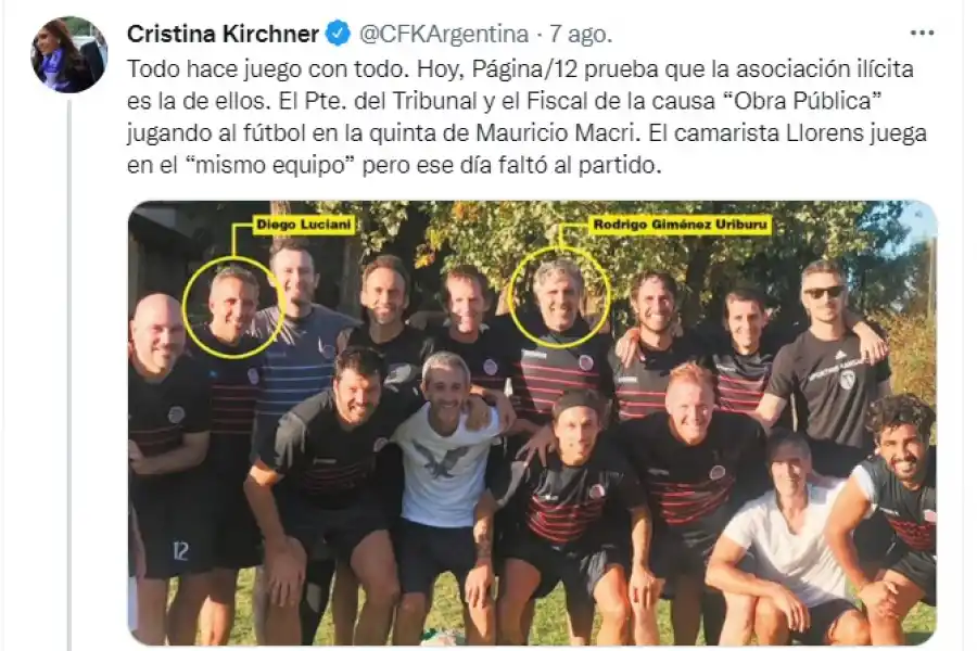 Cristina Fernández usó la red social para cuestionar a jueces que la investigan.