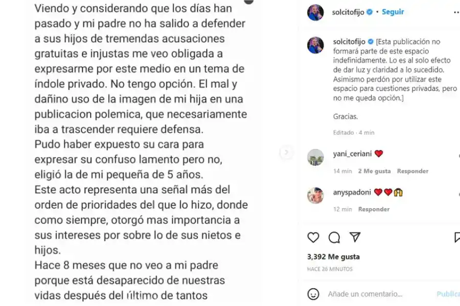 El descargo de Sol en Instagram.