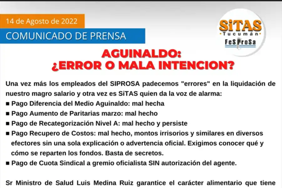 “¿Error o mala intención?” Sitas denuncia irregularidades en la liquidación de haberes del Siprosa