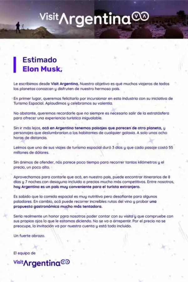 ,La invitación a Elon Musk para conocer Argentina