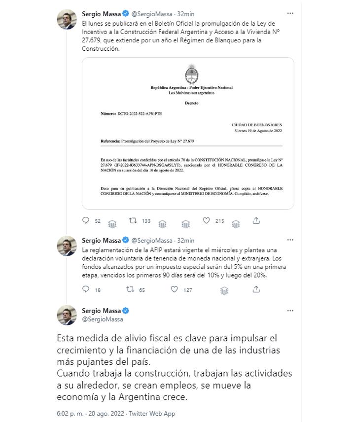 Massa confirmó que la Ley de Incentivo a la Construcción se promulgará el lunes
