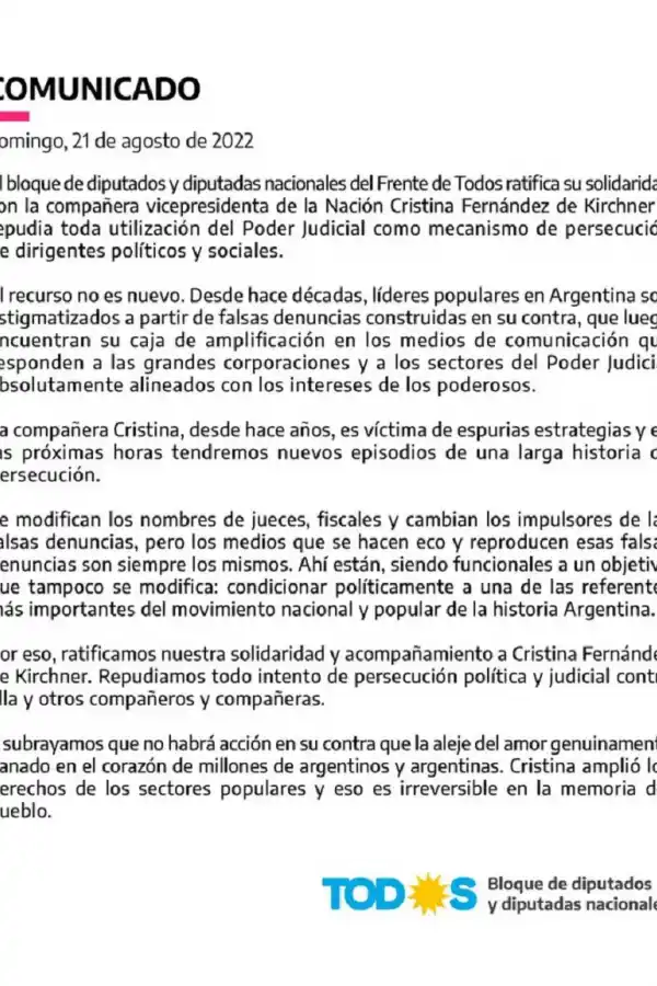 Diputados del Frente de Todos repudiaron la persecución política a Cristina