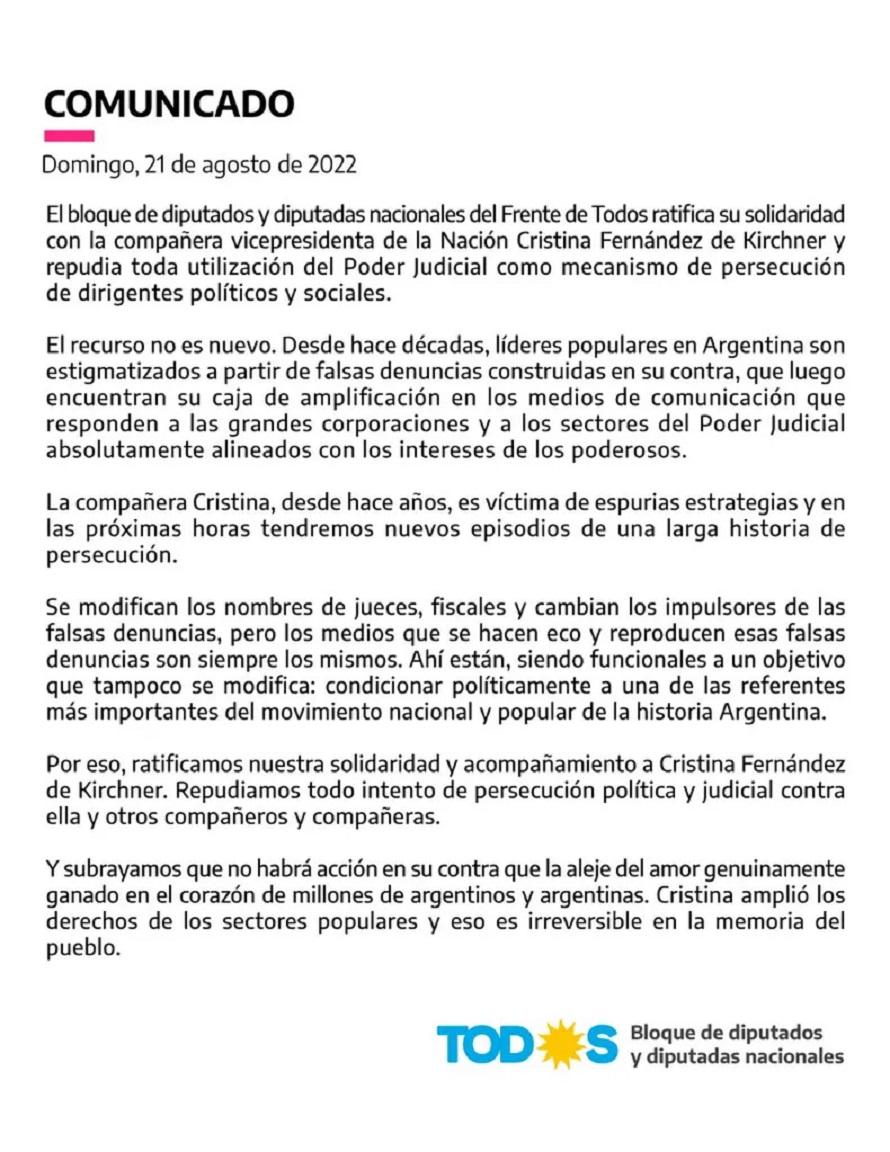 Diputados del Frente de Todos repudiaron la persecución política a Cristina