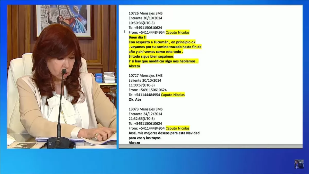 EN PANTALLA. Cristina Kirchner, en su descargo, aludió a Tucumán, al referirse a los chats entre José López y Nicolás Caputo.