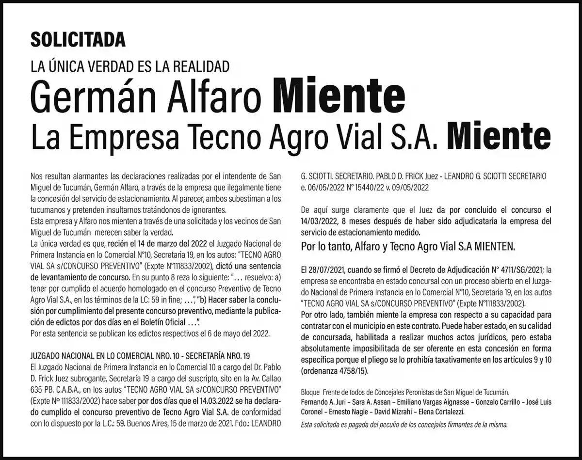 Germán Alfaro miente, la empresa Tecno Agro Vial S.A. miente