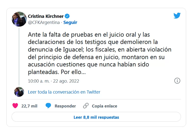 ARGUMENTOS. Cristina pidió ampliar su declaración en nombre de que el fiscal planteó elementos que no se discutieron en el juicio. 