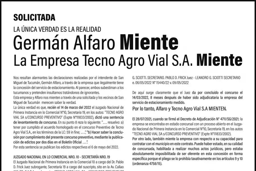Germán Alfaro miente, la empresa Tecno Agro Vial S.A. miente