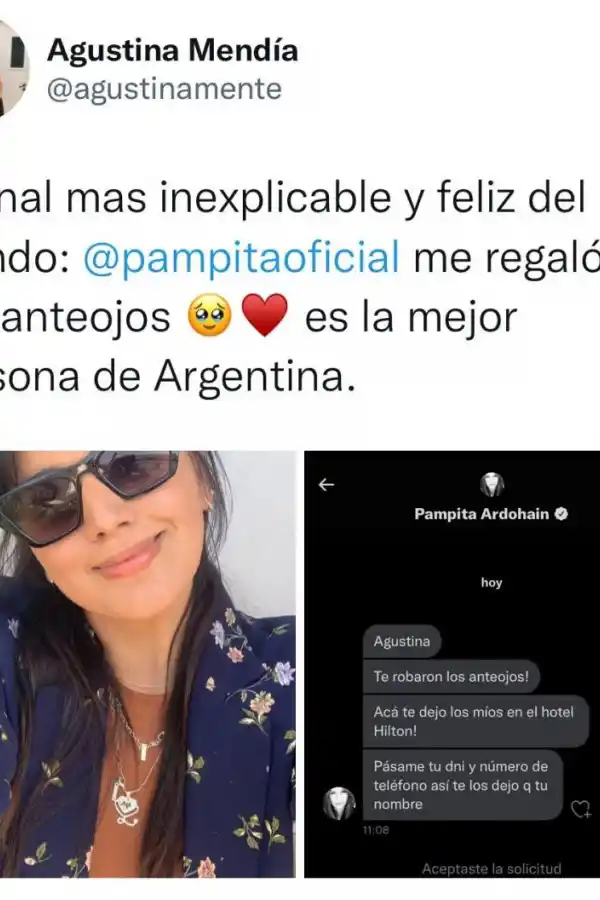 PARA RECORDAR. La tucumana Agustina Mendía contó en Twitter que Pampita le regaló sus anteojos.  ana garcia moritán