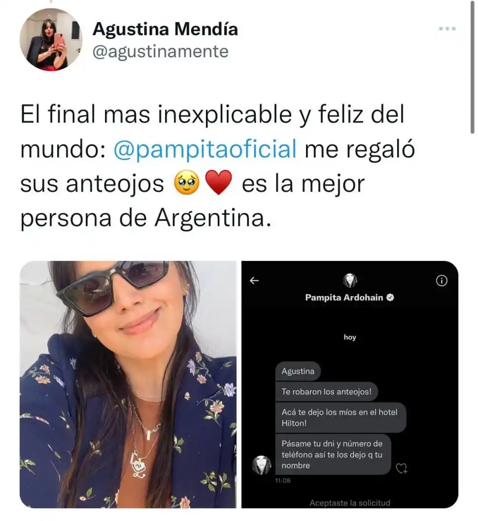 PARA RECORDAR. La tucumana Agustina Mendía contó en Twitter que Pampita le regaló sus anteojos.  ana garcia moritán