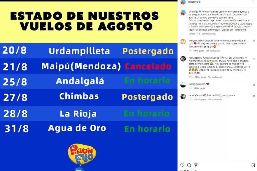 Con esta publicación, Piñon Fijo anunció que llevará a sus hijos a la Justicia