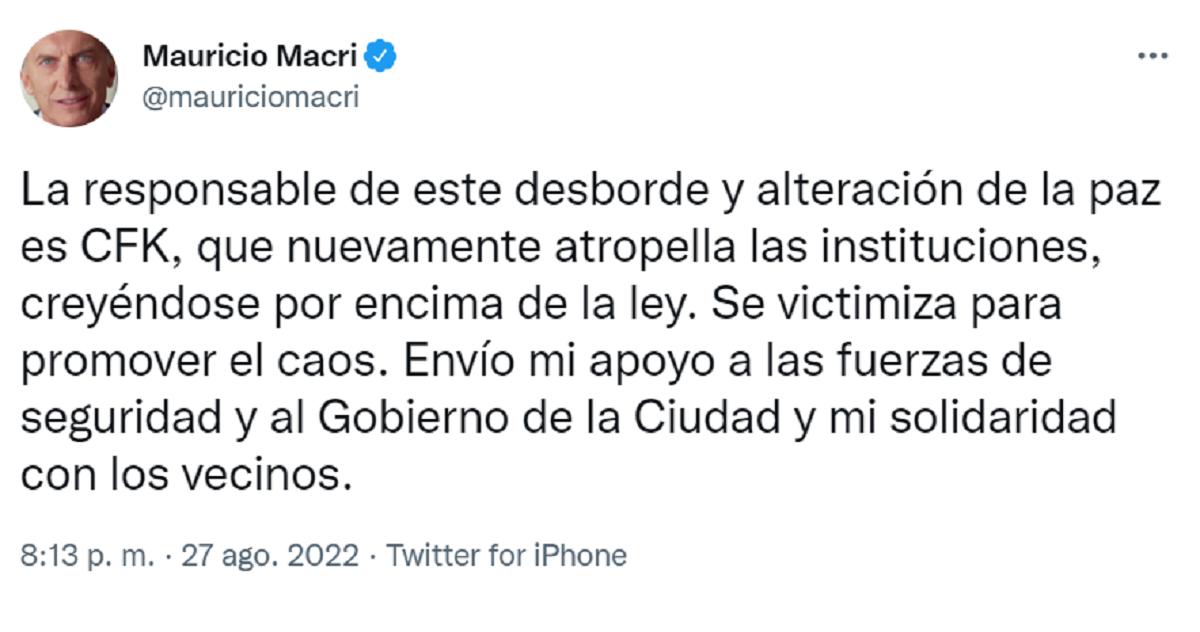 Macri responsabilizó a Cristina Kirchner por los incidentes: Se victimiza para promover el caos”