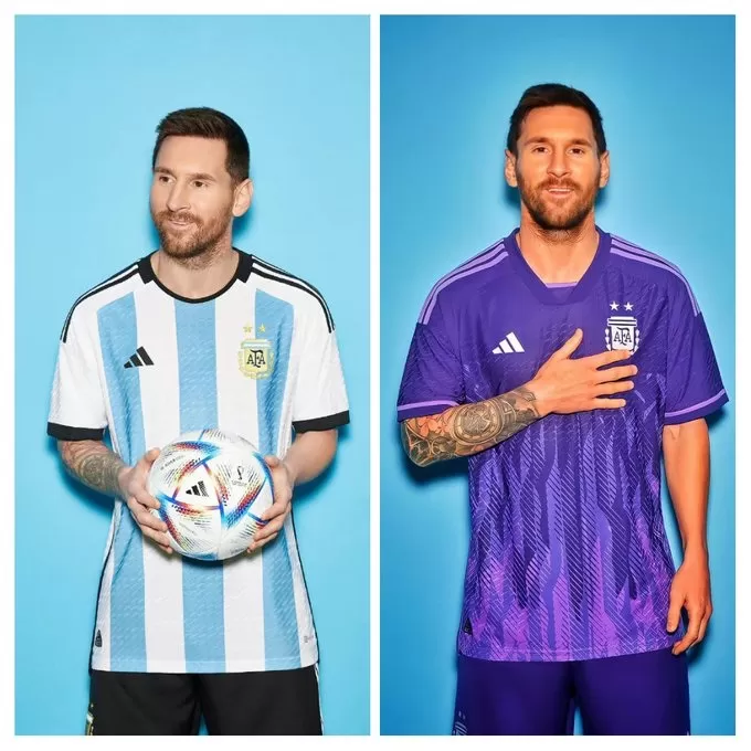 CONTRACARA. Lionel Messi con las dos versiones que Adidas imaginó para la Selección: una titular que vuelve a las bases y una alternativa que experimenta. 