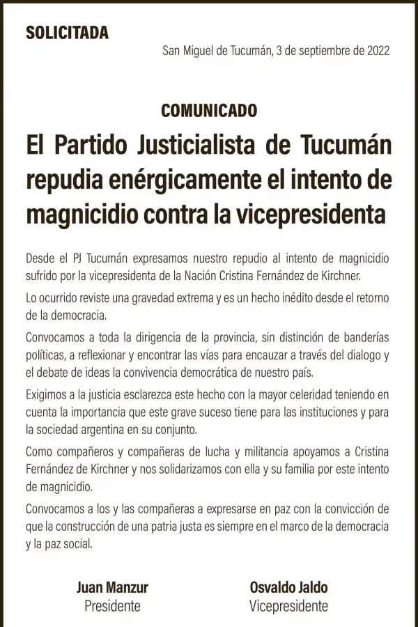 El Partido Justicialista de Tucumán repudia enérgicamente el intento de magnicidio contra la vicepresidenta