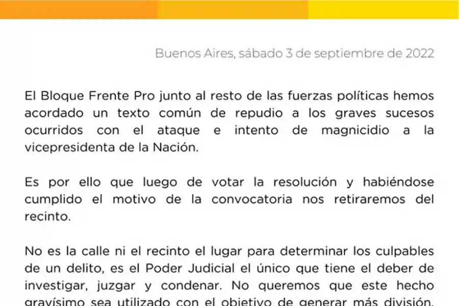El Pro se retiró de la sesión de Diputados, tras acordar un texto de repudio al atentado
