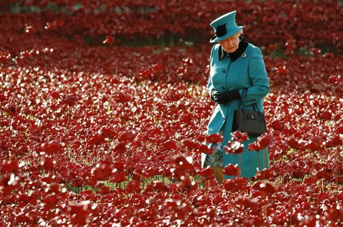 La reina Isabel camina a través de un campo de amapolas de cerámica que forman parte de la instalación de arte Blood Swept Lands and Seas of Red, por el centenario de la Primera Guerra Mundial, en la Torre de Londres el 16 de octubre de 2014. REUTERS/Luke MacGregor