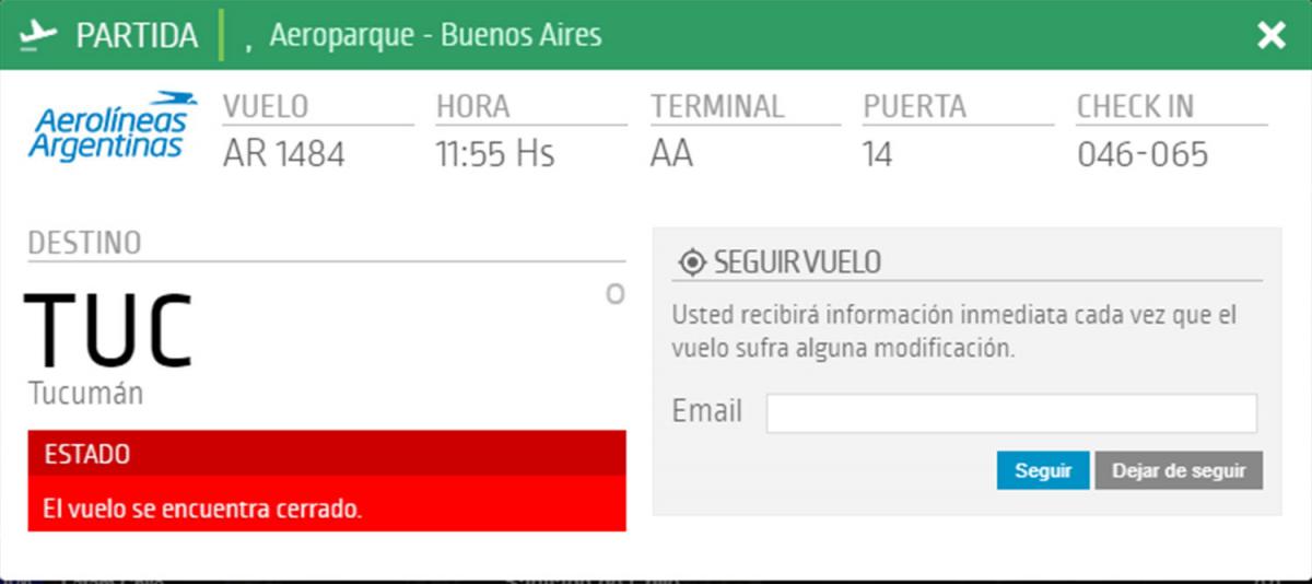 REPROGRAMADO. En la web de Aeropuertos Argentina 2000 aún no anunciaron cuándo la nave partirá hacia Tucumán. 