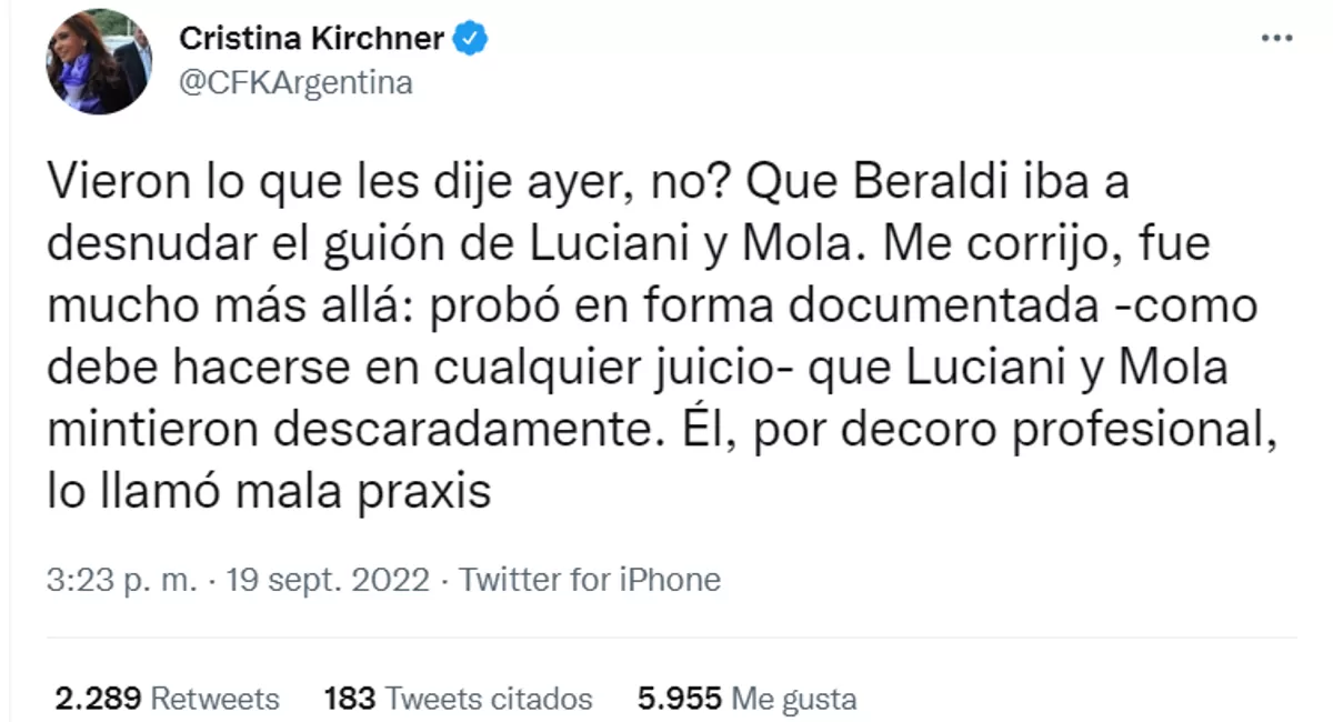 Foto tomada de Twitter: @CFKArgentina.