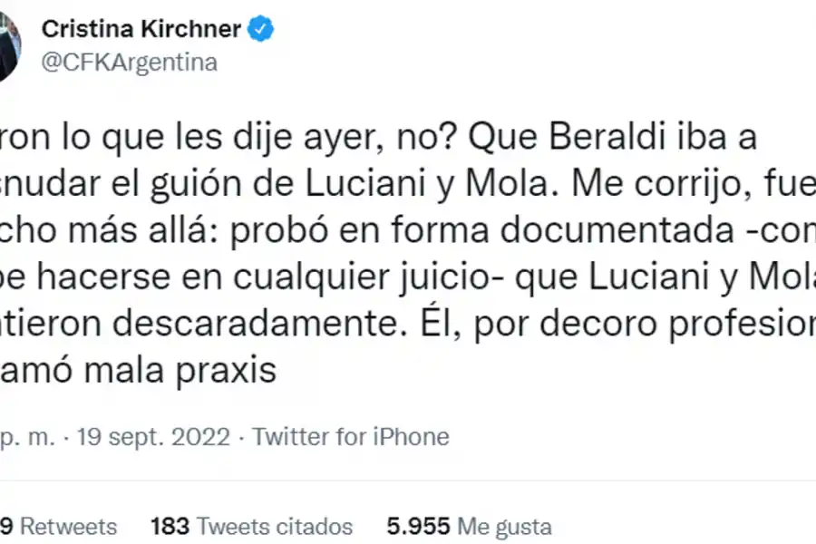 Foto tomada de Twitter: @CFKArgentina.