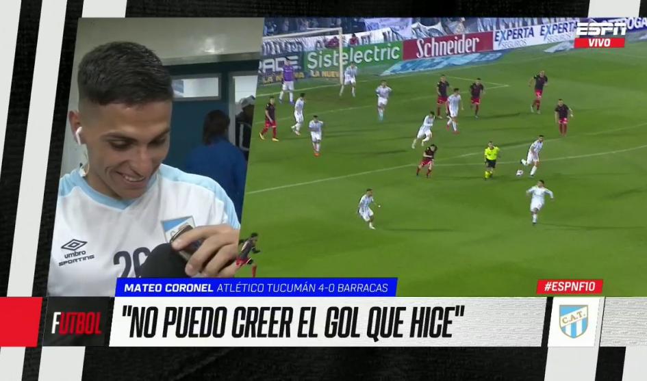 Coronel siendo entrevistado luego del gol a Barracas.
