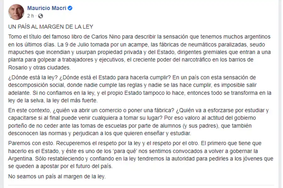 Foto tomada de Facebook: Mauricio Macri.