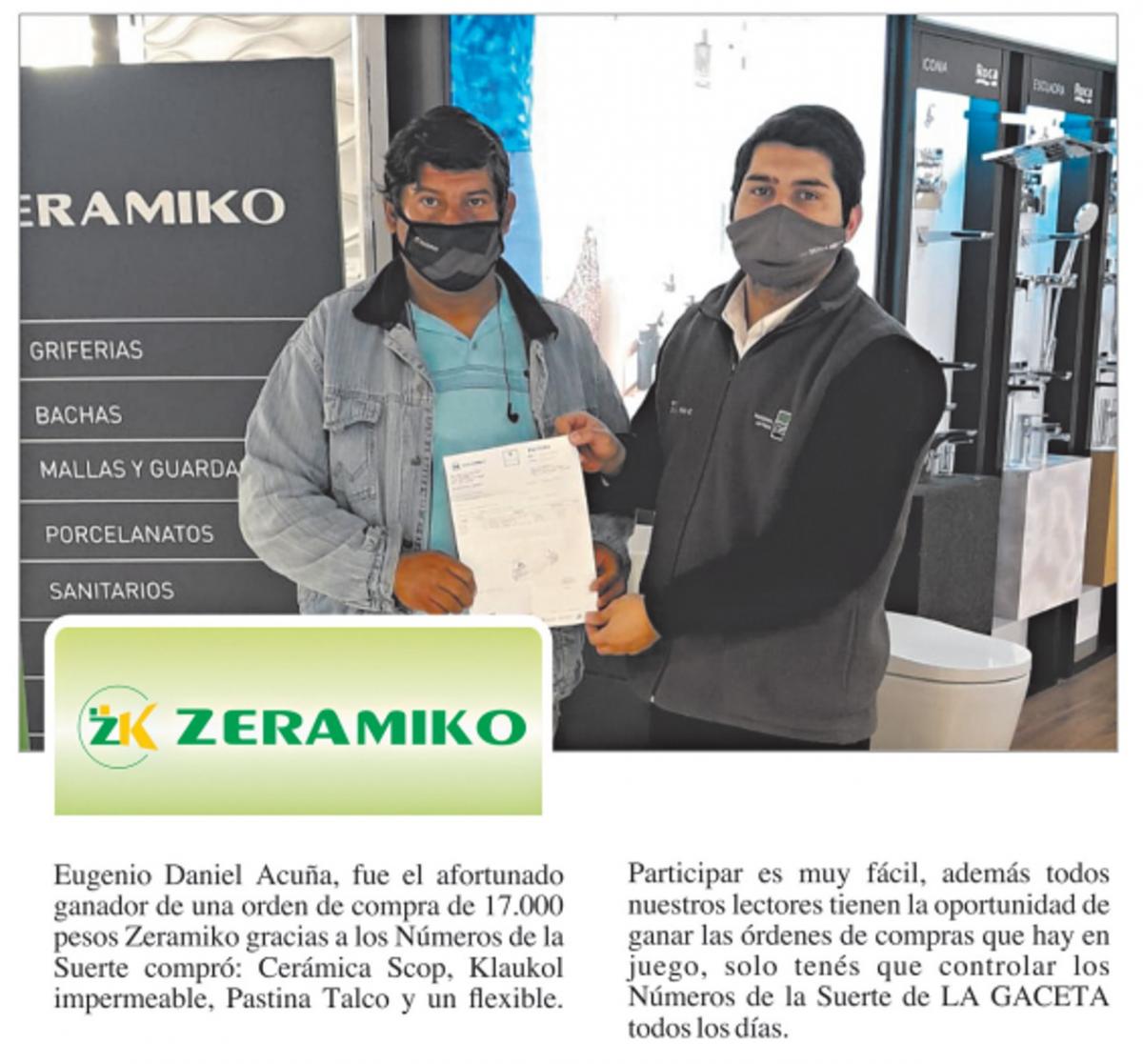 Números de la Suerte: Eugenio Daniel Acuña obtuvo una orden de compra de $ 17.000 en Zeramiko