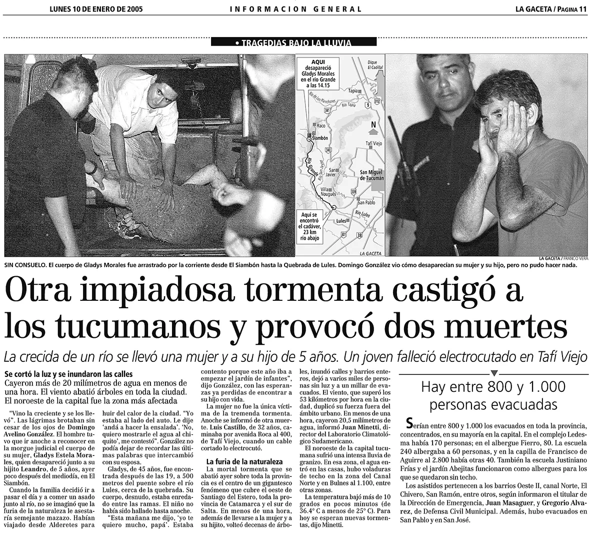 LO FATAL, EN LA GACETA DEL 10/01. Domingo González perdió ese día a su hijo, Leandro, y a su mujer, Gladys. 