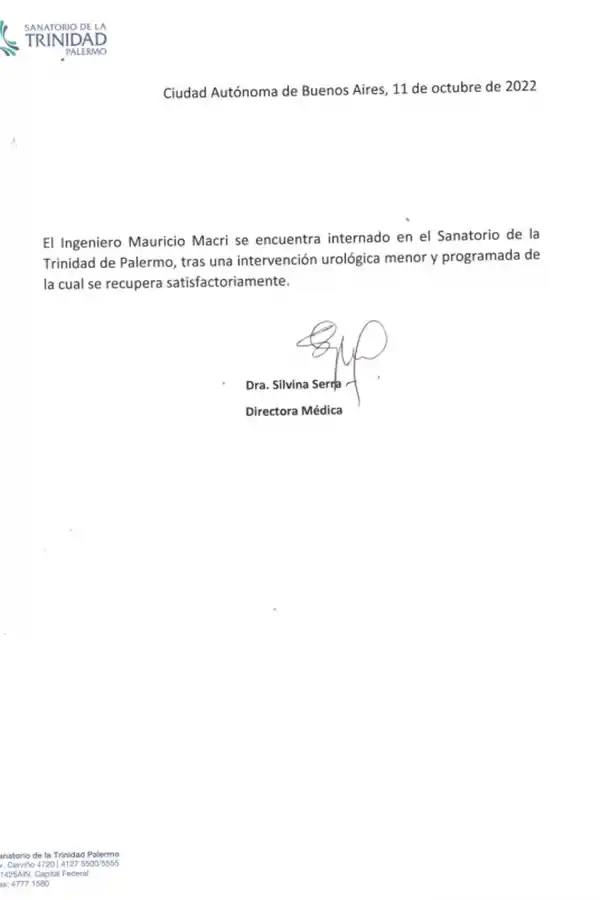 EL PARTE MÉDICO DE MAURICIO MACRI