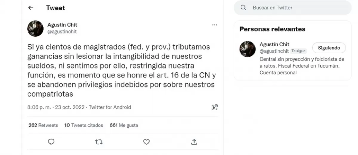 EN TWITTER. La opinión del fiscal federal Agustín Chit sobre el pago de Ganancias.